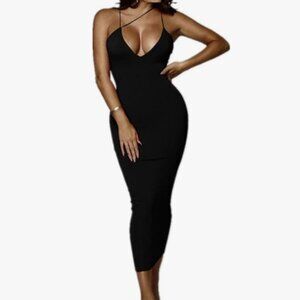 PRIMODA Women's Sexy Neon Asymmetrical Spaghetti Strap Dress (Size XL, Black)